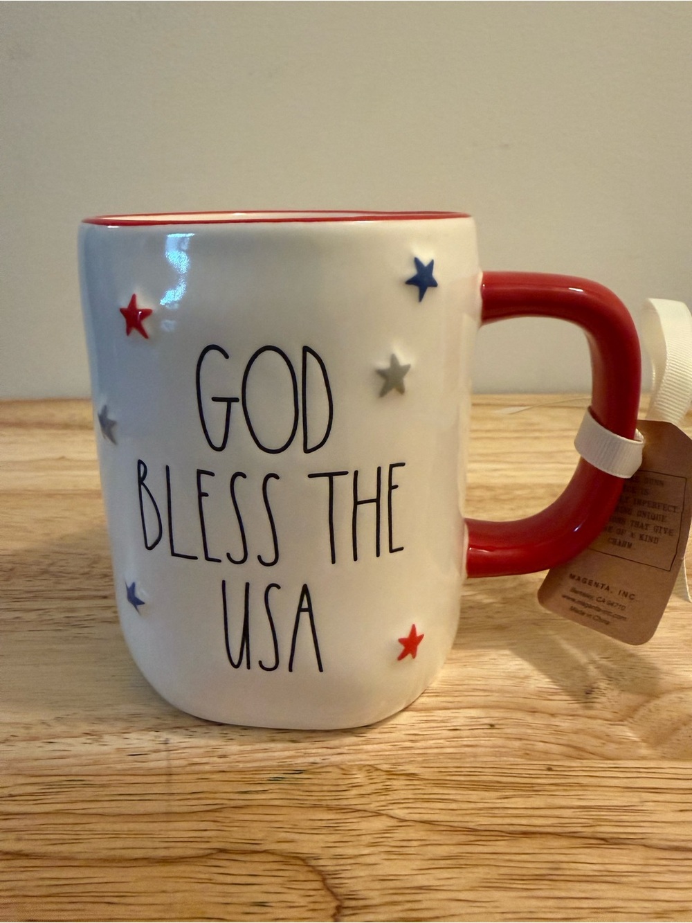 Rae Dunn White Ceramic Mug with Red Trim and Star Accents